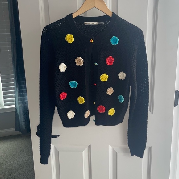 Alice + Olivia Selma Floral Colorful Crochet Pointelle Cardigan {$440} Buttons M - Picture 2 of 11